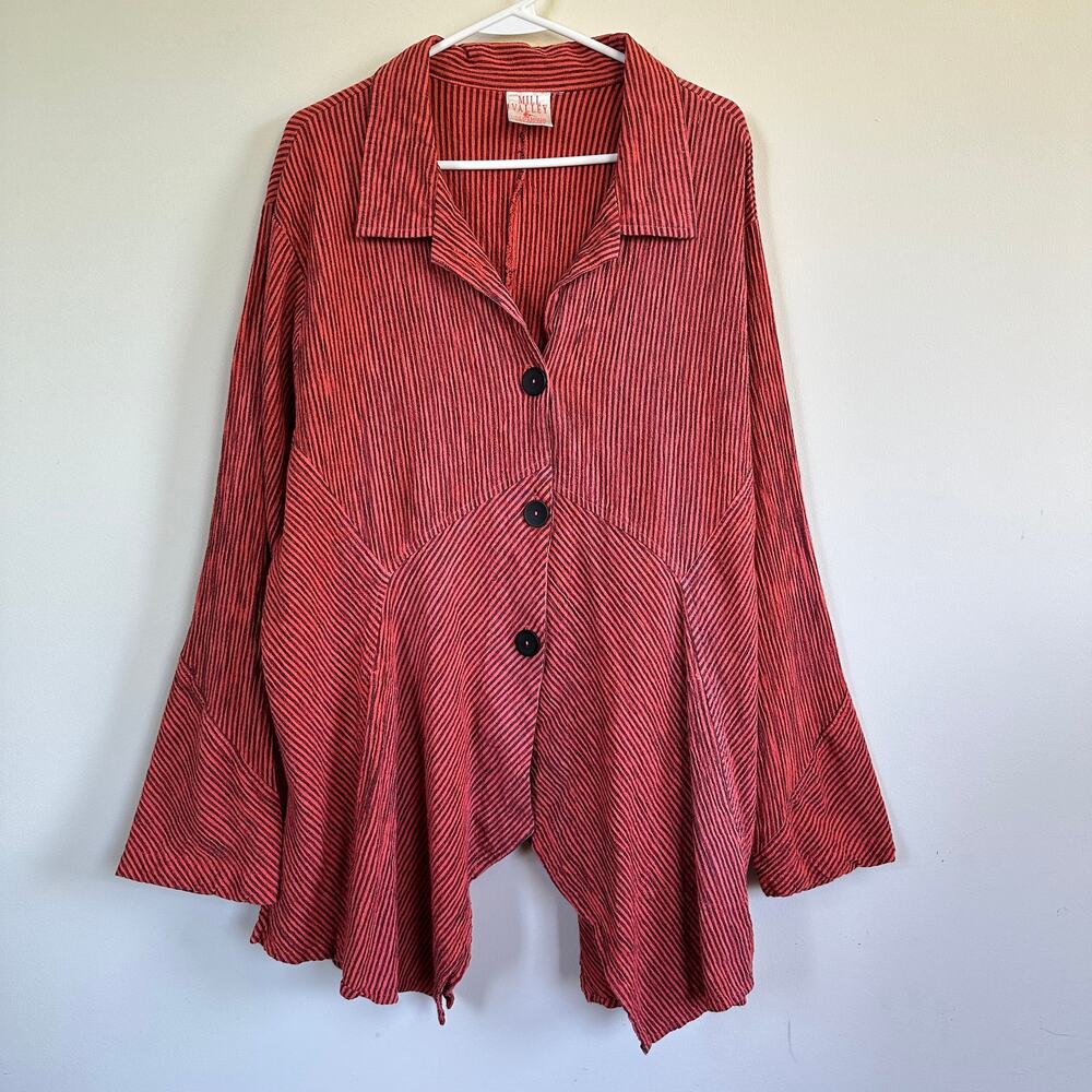 Mill Valley Hobo Shirt L Linen Blend Lagenlook Asymmetrical Button Front Red